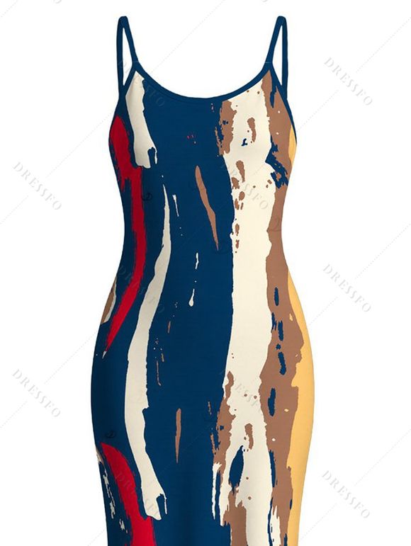 Vintage Dress Multicolor Oil Painting Vertical Stripe Print Spaghetti Strap Maxi Bodycon Dress - multicolor XXL | US 14