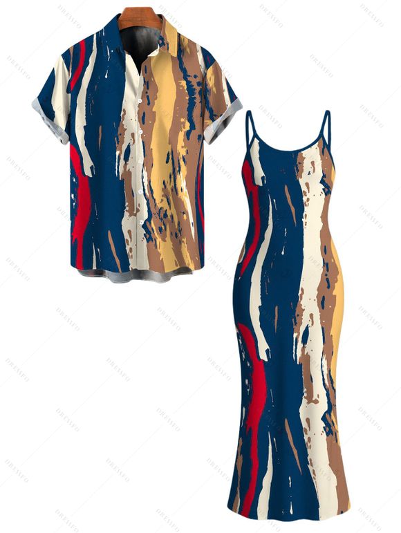 Vintage Couple Outfit Multicolor Oil Painting Vertical Stripe Print Spaghetti Strap Maxi Bodycon Dress and Shirt Set - multicolor S | US 4
