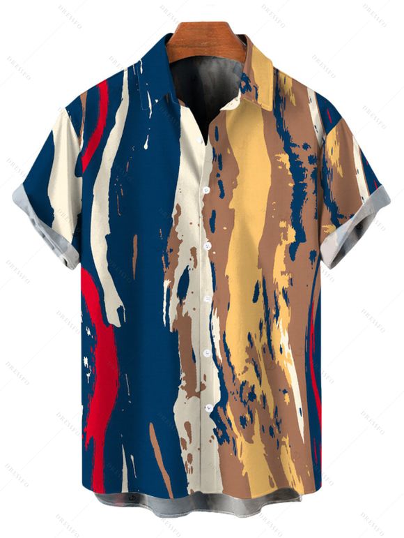 Vintage Couple Outfit Multicolor Oil Painting Vertical Stripe Print Spaghetti Strap Maxi Bodycon Dress and Shirt Set - multicolor S | US 4