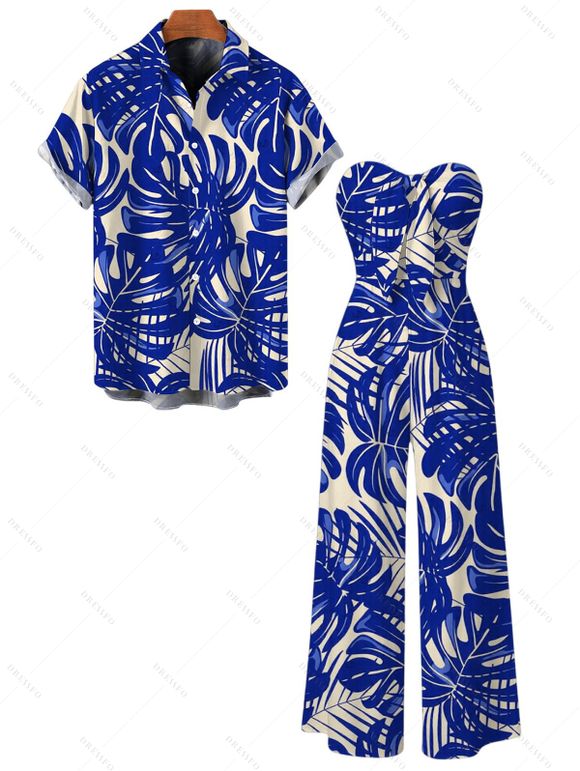 Hawaiian Couple Outfit Tropical Monstera Leaf Print Tied Pocket Off the Shoulder Jumpsuit and Shirt Set - BLUE S | US 4