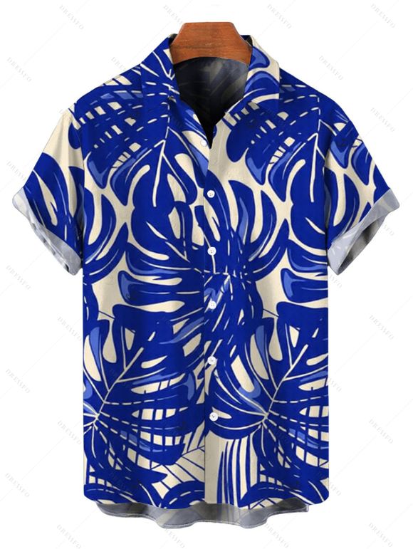 Hawaiian Couple Outfit Tropical Monstera Leaf Print Tied Pocket Off the Shoulder Jumpsuit and Shirt Set - BLUE S | US 4