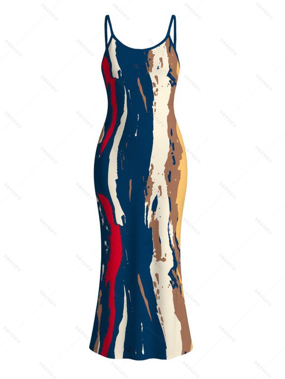 Vintage Couple Outfit Multicolor Oil Painting Vertical Stripe Print Spaghetti Strap Maxi Bodycon Dress and Shirt Set - multicolor S | US 4