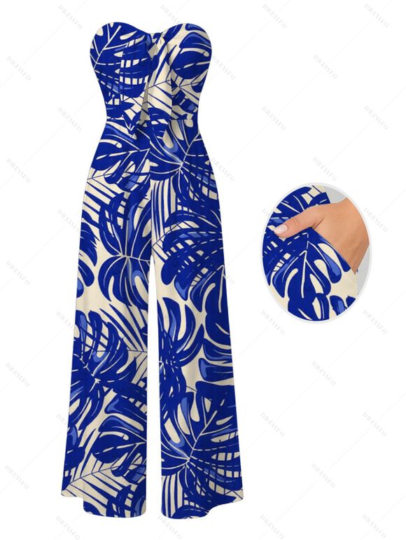 Hawaiian Couple Outfit Tropical Monstera Leaf Print Tied Pocket Off the Shoulder Jumpsuit and Shirt Set - BLUE S | US 4