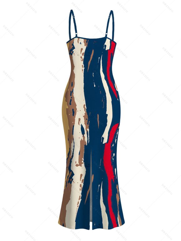 Vintage Couple Outfit Multicolor Oil Painting Vertical Stripe Print Spaghetti Strap Maxi Bodycon Dress and Shirt Set - multicolor S | US 4