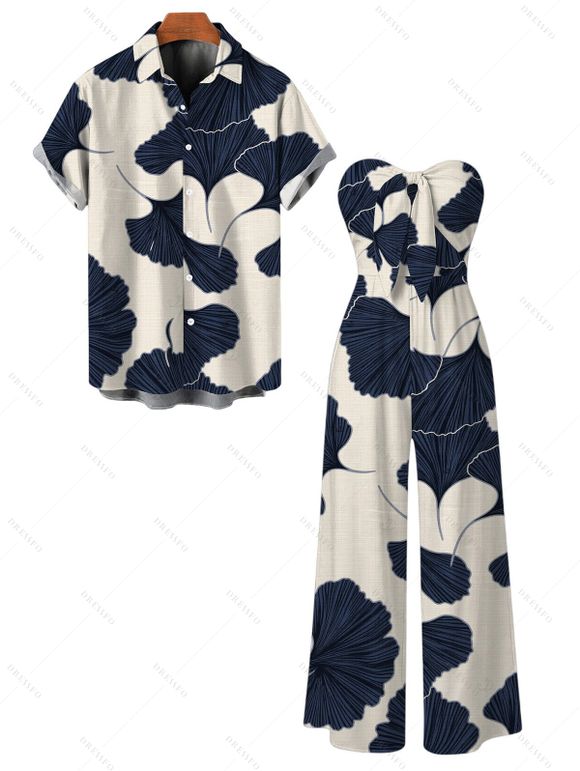 Vacation Couple Outfit Ginkgo Leaf Print Pocket Bowknot Off the Shoulder Jumpsuit and Shirt Set - multicolor S | US 4