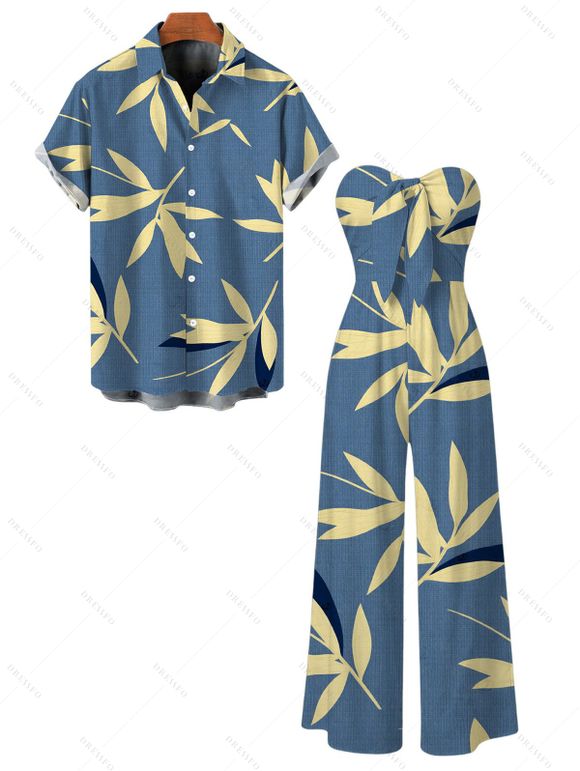 Vacation Couple Outfit Bamboo Leaf Print Pocket Bowknot Off the Shoulder Jumpsuit and Shirt Set - Bleu clair S | US 4