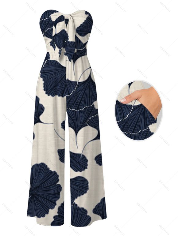 Vacation Couple Outfit Ginkgo Leaf Print Pocket Bowknot Off the Shoulder Jumpsuit and Shirt Set - multicolor S | US 4