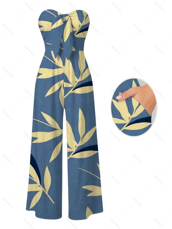 Vacation Couple Outfit Bamboo Leaf Print Pocket Bowknot Off the Shoulder Jumpsuit and Shirt Set - Bleu clair S | US 4