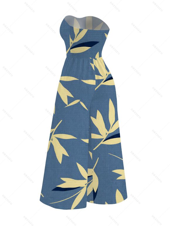 Vacation Couple Outfit Bamboo Leaf Print Pocket Bowknot Off the Shoulder Jumpsuit and Shirt Set - Bleu clair S | US 4
