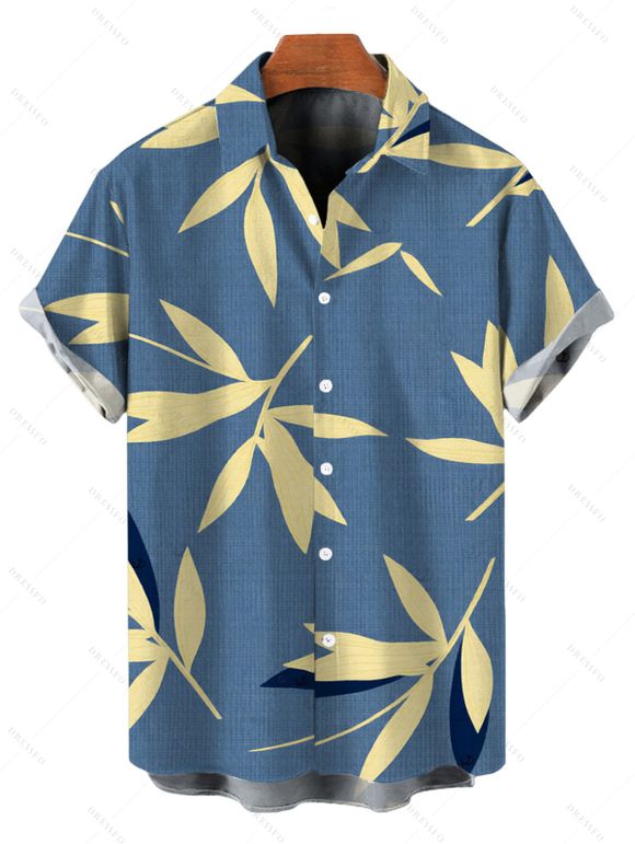 Vacation Couple Outfit Bamboo Leaf Print Pocket Bowknot Off the Shoulder Jumpsuit and Shirt Set - Bleu clair S | US 4