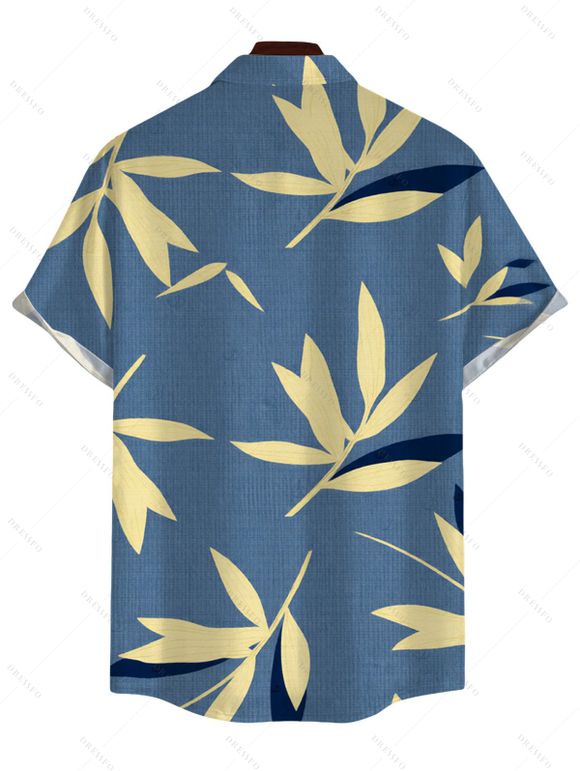 Vacation Couple Outfit Bamboo Leaf Print Pocket Bowknot Off the Shoulder Jumpsuit and Shirt Set - Bleu clair S | US 4