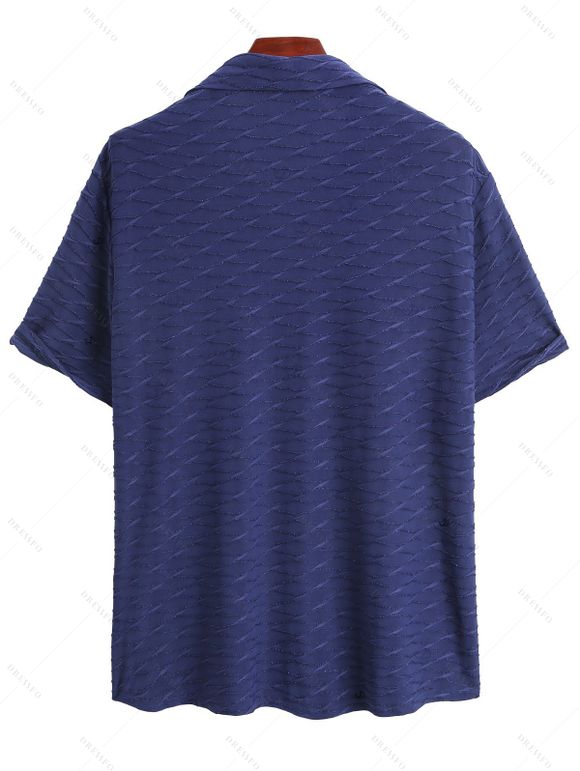 Men's Casual Shirt Solid Color Wavy Jacquard Embossed Texture Print Button Up Shirt - Bleu de Minuit 5XL