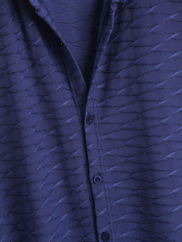 Men's Casual Shirt Solid Color Wavy Jacquard Embossed Texture Print Button Up Shirt - Bleu de Minuit 5XL