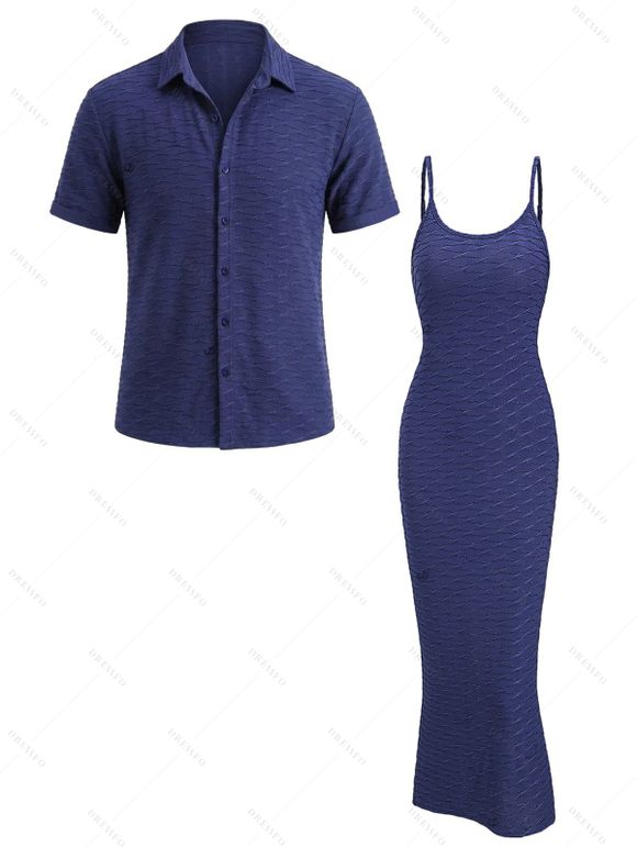Casual Couple Outfit Solid Color Wavy Jacquard Embossed Texture Print Bodycon Maxi Dress and Shirt Set - Bleu de Minuit S | US 4
