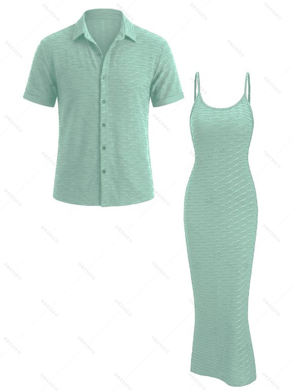 Casual Couple Outfit Solid Color Wavy Jacquard Embossed Texture Print Bodycon Maxi Dress and Shirt Set - Vert clair S | US 4