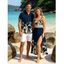 Hawaiian Vacation Couple Outfit Golden Lily Floral Print Lace Hollow Out Spaghetti Strap Slit Dress and Shirt Set - Bleu de Minuit S | US 4