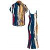 Vintage Couple Outfit Multicolor Oil Painting Vertical Stripe Print Spaghetti Strap Maxi Bodycon Dress and Shirt Set - multicolor S | US 4