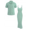Casual Couple Outfit Solid Color Wavy Jacquard Embossed Texture Print Bodycon Maxi Dress and Shirt Set - Vert clair S | US 4