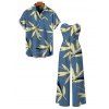 Vacation Couple Outfit Bamboo Leaf Print Pocket Bowknot Off the Shoulder Jumpsuit and Shirt Set - Bleu clair S | US 4