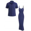 Casual Couple Outfit Solid Color Wavy Jacquard Embossed Texture Print Bodycon Maxi Dress and Shirt Set - Bleu de Minuit S | US 4