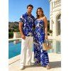 Hawaiian Couple Outfit Tropical Monstera Leaf Print Tied Pocket Off the Shoulder Jumpsuit and Shirt Set - BLUE S | US 4