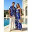 Hawaiian Couple Outfit Tropical Monstera Leaf Print Tied Pocket Off the Shoulder Jumpsuit and Shirt Set - BLUE S | US 4
