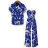Hawaiian Couple Outfit Tropical Monstera Leaf Print Tied Pocket Off the Shoulder Jumpsuit and Shirt Set - BLUE S | US 4