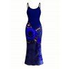 Vacation Couple Outfit Rose Floral Metallic Gold Scroll Vine Print Spaghetti Strap Maxi Bodycon Dress and Shirt Set - Bleu profond S | US 4