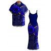 Vacation Couple Outfit Rose Floral Metallic Gold Scroll Vine Print Spaghetti Strap Maxi Bodycon Dress and Shirt Set - Bleu profond S | US 4