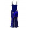 Vacation Couple Outfit Rose Floral Metallic Gold Scroll Vine Print Spaghetti Strap Maxi Bodycon Dress and Shirt Set - Bleu profond S | US 4