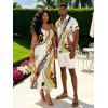 Vacation Couple Outfit Vintage Hand-Painted Abstract Fluid Print Pocket Spaghetti Strap Dress and Shirt Set - WHITE S | US 4