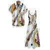 Vacation Couple Outfit Vintage Hand-Painted Abstract Fluid Print Pocket Spaghetti Strap Dress and Shirt Set - WHITE S | US 4