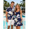 Hawaiian Vacation Couple Outfit Vintage Abstract Palm Leaf Print Ruched Bust Mini Dress and Shirt Set - DEEP BLUE S | US 4