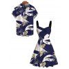 Hawaiian Vacation Couple Outfit Vintage Abstract Palm Leaf Print Ruched Bust Mini Dress and Shirt Set - DEEP BLUE S | US 4