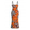 Vintage Couple Outfit Colorblock Leopard Lily Floral Print Spaghetti Strap Maxi Bodycon Dress and Shirt Set - ORANGE S | US 4