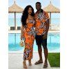 Vintage Couple Outfit Colorblock Leopard Lily Floral Print Spaghetti Strap Maxi Bodycon Dress and Shirt Set - ORANGE S | US 4