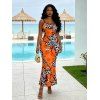 Vintage Couple Outfit Colorblock Leopard Lily Floral Print Spaghetti Strap Maxi Bodycon Dress and Shirt Set - ORANGE S | US 4