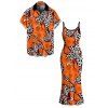 Vintage Couple Outfit Colorblock Leopard Lily Floral Print Spaghetti Strap Maxi Bodycon Dress and Shirt Set - ORANGE S | US 4