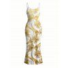 Vacation Couple Outfit Metallic Gold Phoenix Print Spaghetti Strap Maxi Bodycon Dress and Shirt Set - Blanc S | US 4