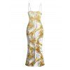 Vacation Couple Outfit Metallic Gold Phoenix Print Spaghetti Strap Maxi Bodycon Dress and Shirt Set - Blanc S | US 4