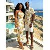 Vacation Couple Outfit Metallic Gold Phoenix Print Spaghetti Strap Maxi Bodycon Dress and Shirt Set - Blanc S | US 4