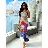 Vintage Couple Outfit Polka Dot Colorblock Floral Print Spaghetti Strap Maxi Bodycon Dress and Shirt Set - BLACK S | US 4