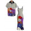 Vintage Couple Outfit Polka Dot Colorblock Floral Print Spaghetti Strap Maxi Bodycon Dress and Shirt Set - BLACK S | US 4