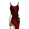 Vacation Couple Outfit Gold Fluid Abstract Marble Print Spaghetti Strap Maxi Bodycon Dress and Shirt Set - Rouge Vineux S | US 4