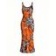Vintage Dress Colorblock Leopard Lily Floral Print Spaghetti Strap Maxi Bodycon Dress - Orange XXL | US 14