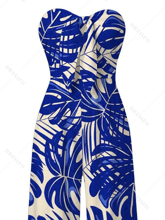 Vacation Jumpsuit Tropical Monstera Leaf Print Tied Pocket Off the Shoulder Jumpsuit - Bleu L | US 8-10