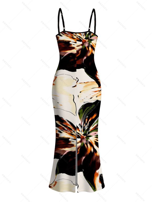 Vacation Dress Splash Ink Floral Print Spaghetti Strap Maxi Bodycon Dress - multicolor L | US 8-10