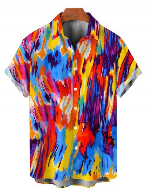 Men's Vintage Vacation Shirt Colorblock Oil Painting Tie Dye Print Button Up Shirt