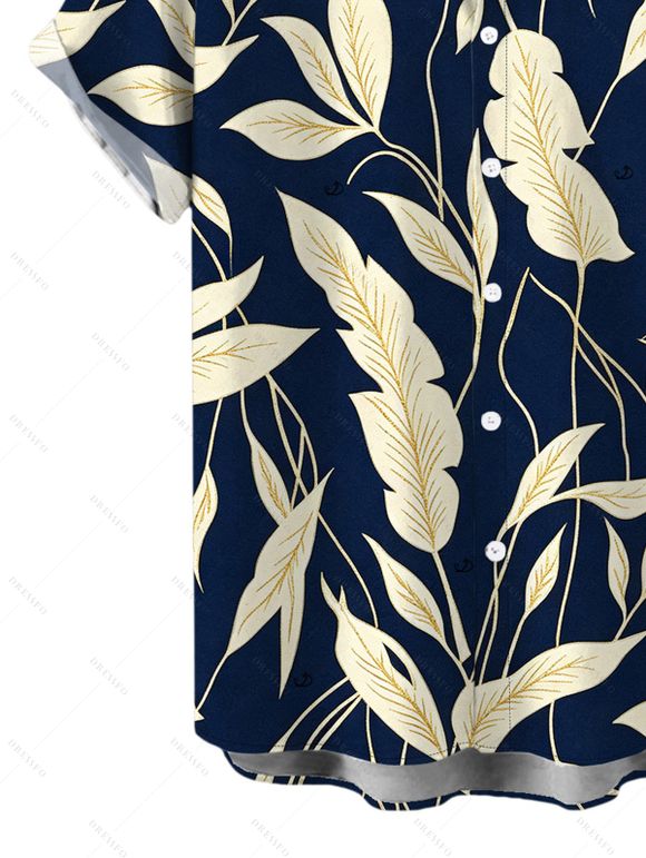 Men's Vintage Hawaiian Shirt Tropical Leaf Print Button Up Shirt - Cadetblue 5XL