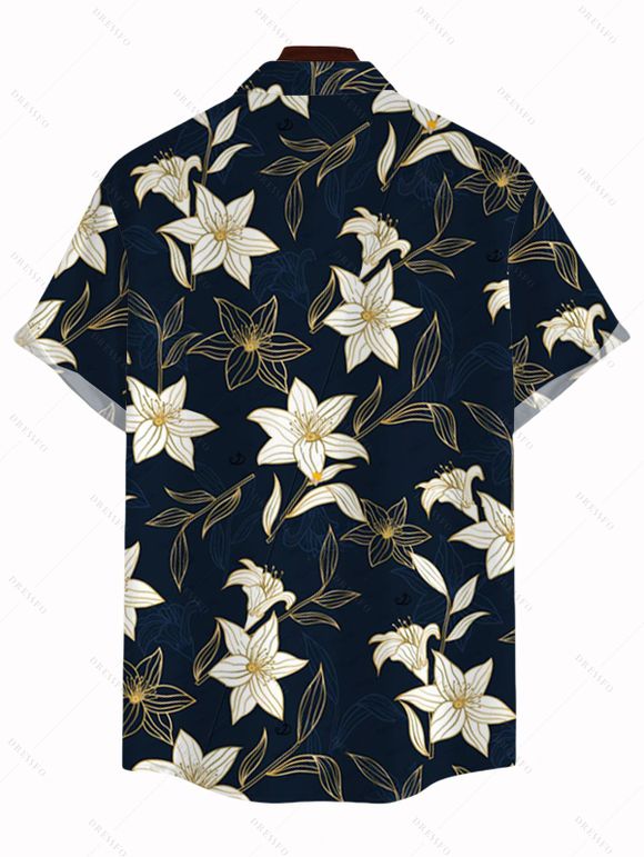 Men's Vacation Shirt Metallic Gold Lily Floral Print Button Up Shirt - Bleu de Minuit 5XL